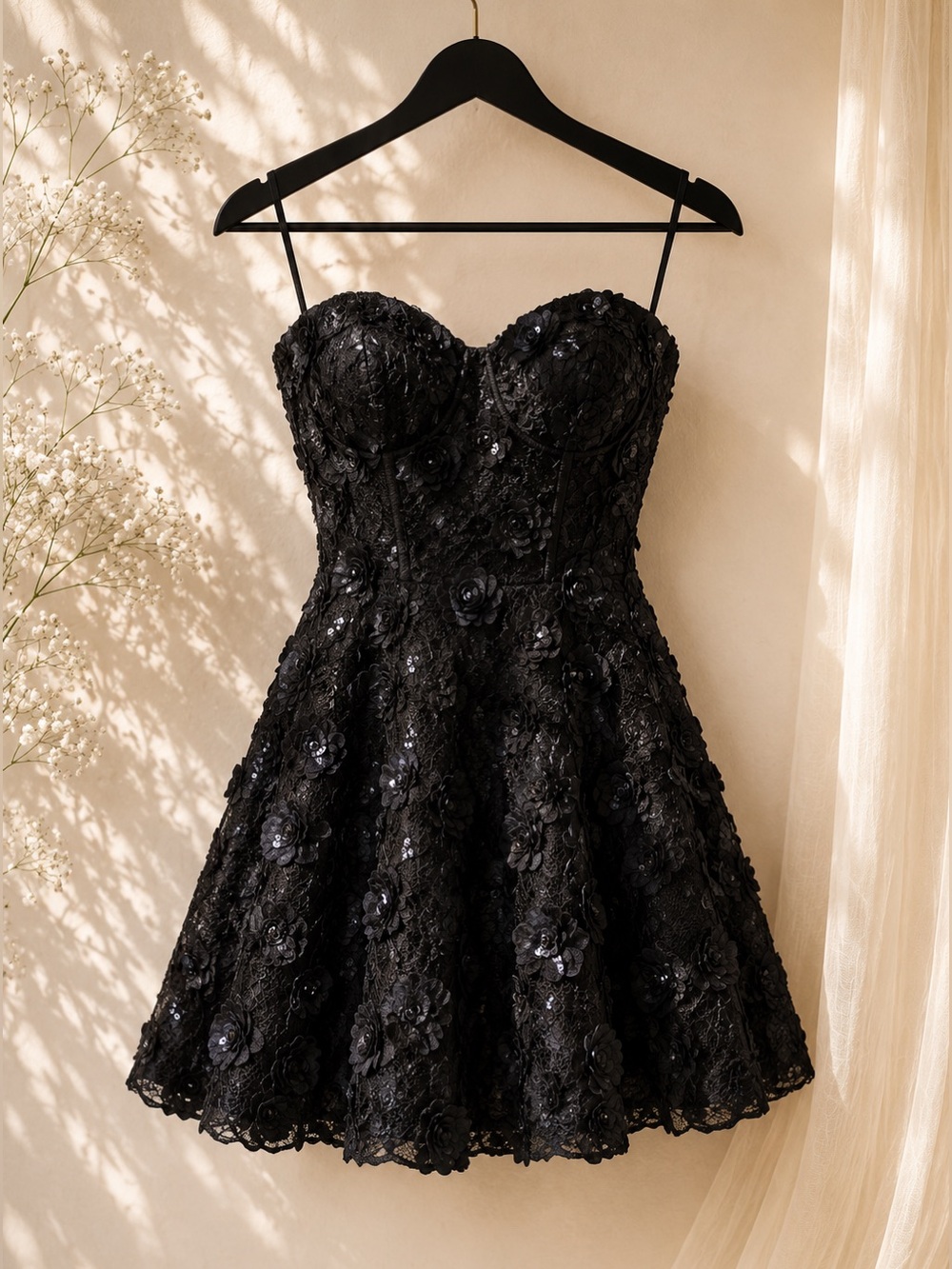 Bebe Black Rosette Strapless Sequin Fit & Flare Dress